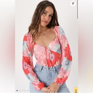 NWT Lulus Vibrant Occasion‎ Pink Floral Print Mesh Tie-Back Bodysuit XS